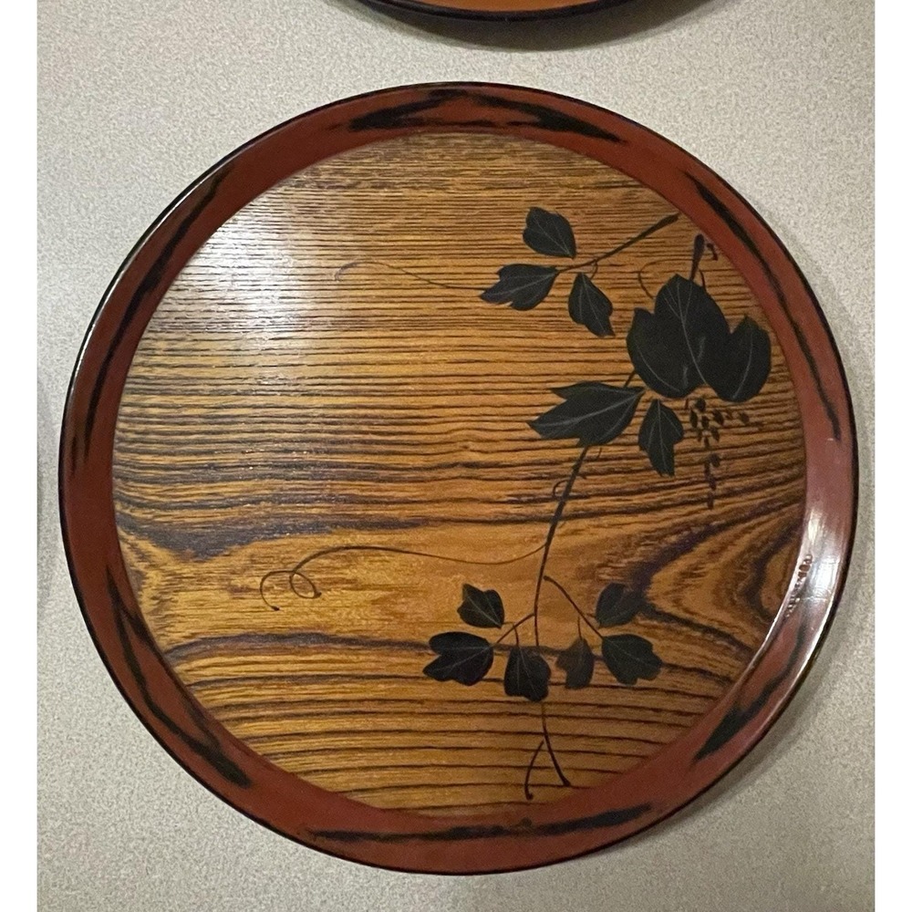 Set Of 3 Vintage Round 10" Japanese Wood Serving Tea Tray Plate Oriental Decor - Picture 5 of 16